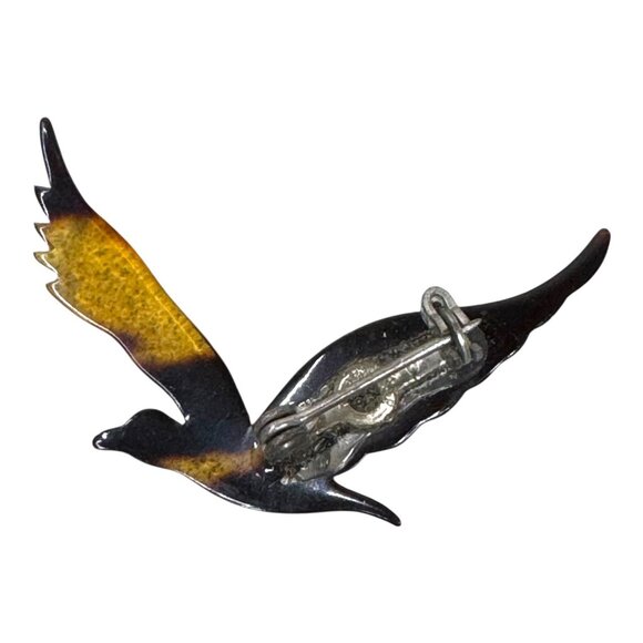 Vtg Mid Century Lucite Tortoise Shell Signed Enamel Flying Bird Brooch Pin Art - Picture 2 of 4